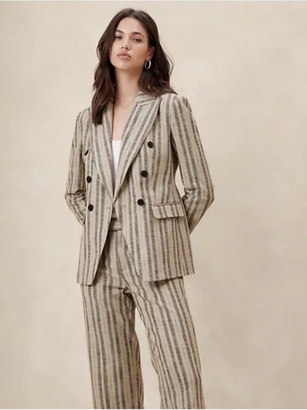 Striped Linen Blend Double-Breasted Blazer - Beige/Gray